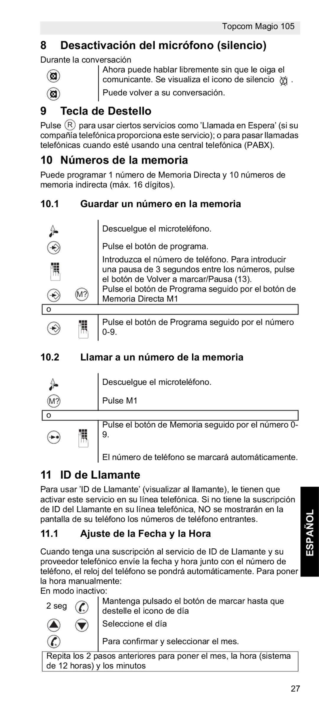 Topcom 105 Desactivación del micrófono silencio, Tecla de Destello, 10 Números de la memoria, ID de Llamante, Español 