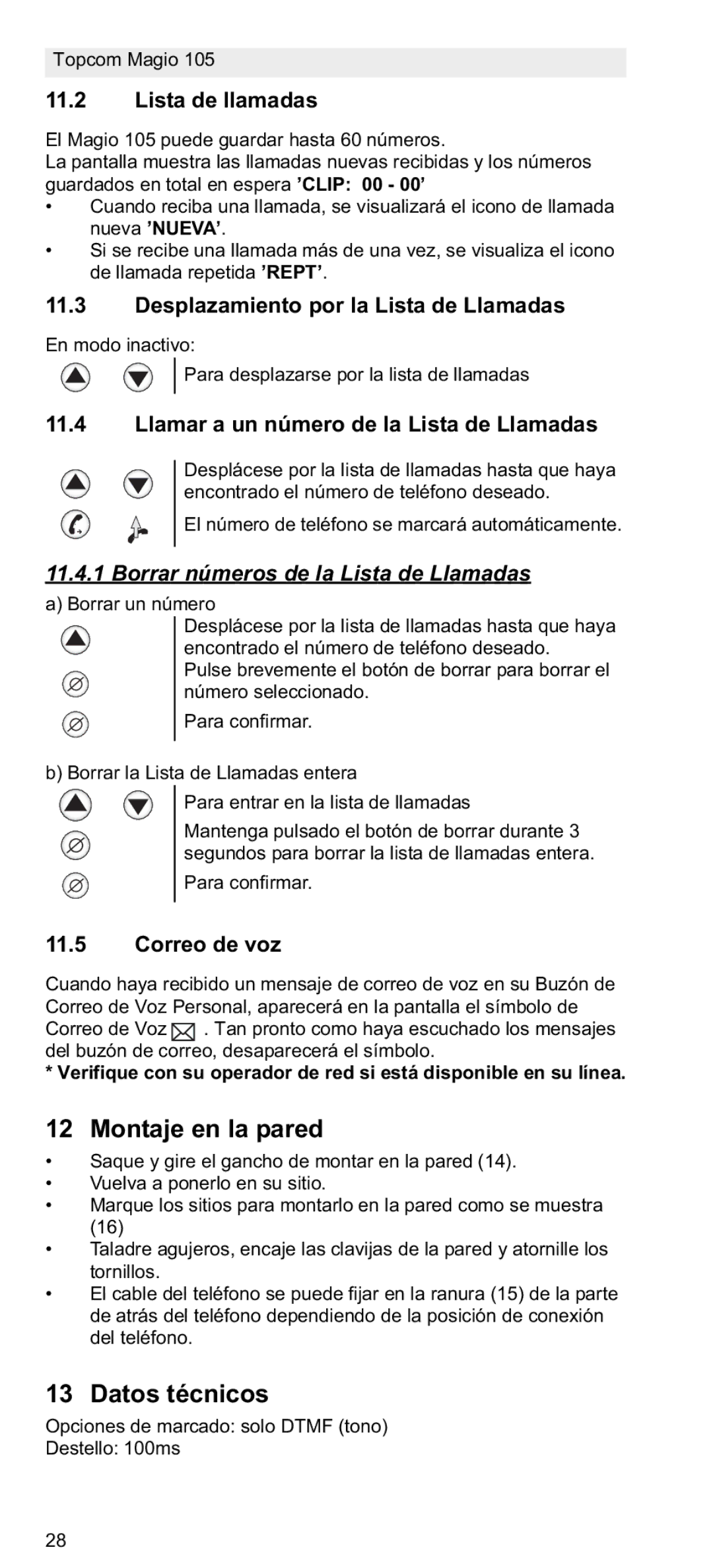 Topcom 105 manual do utilizador Montaje en la pared, Datos técnicos, Borrar números de la Lista de Llamadas 