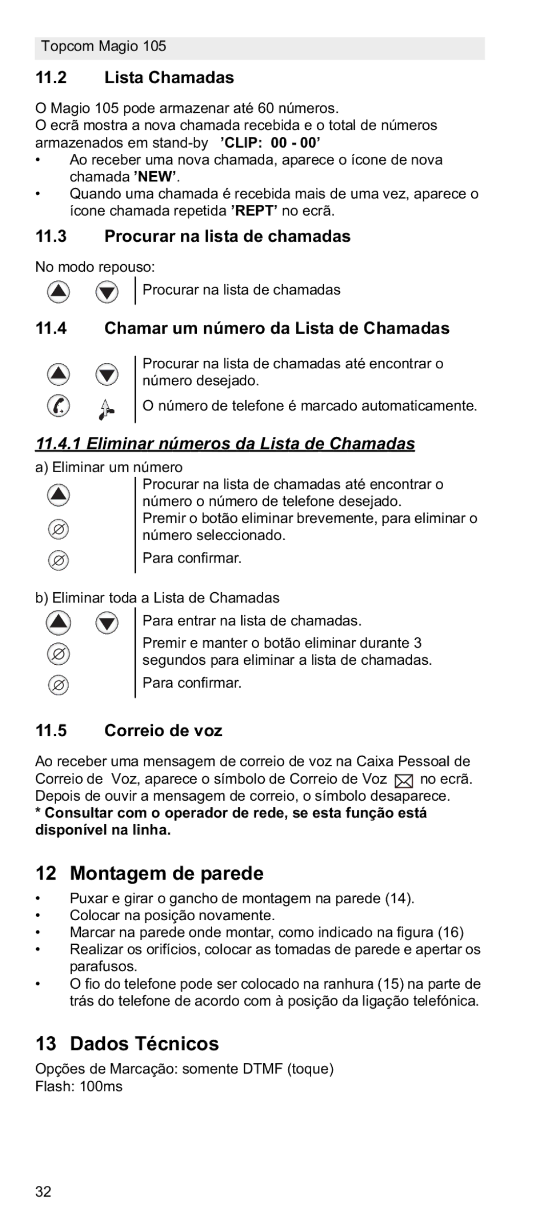 Topcom 105 manual do utilizador Montagem de parede, Dados Técnicos, Eliminar números da Lista de Chamadas 