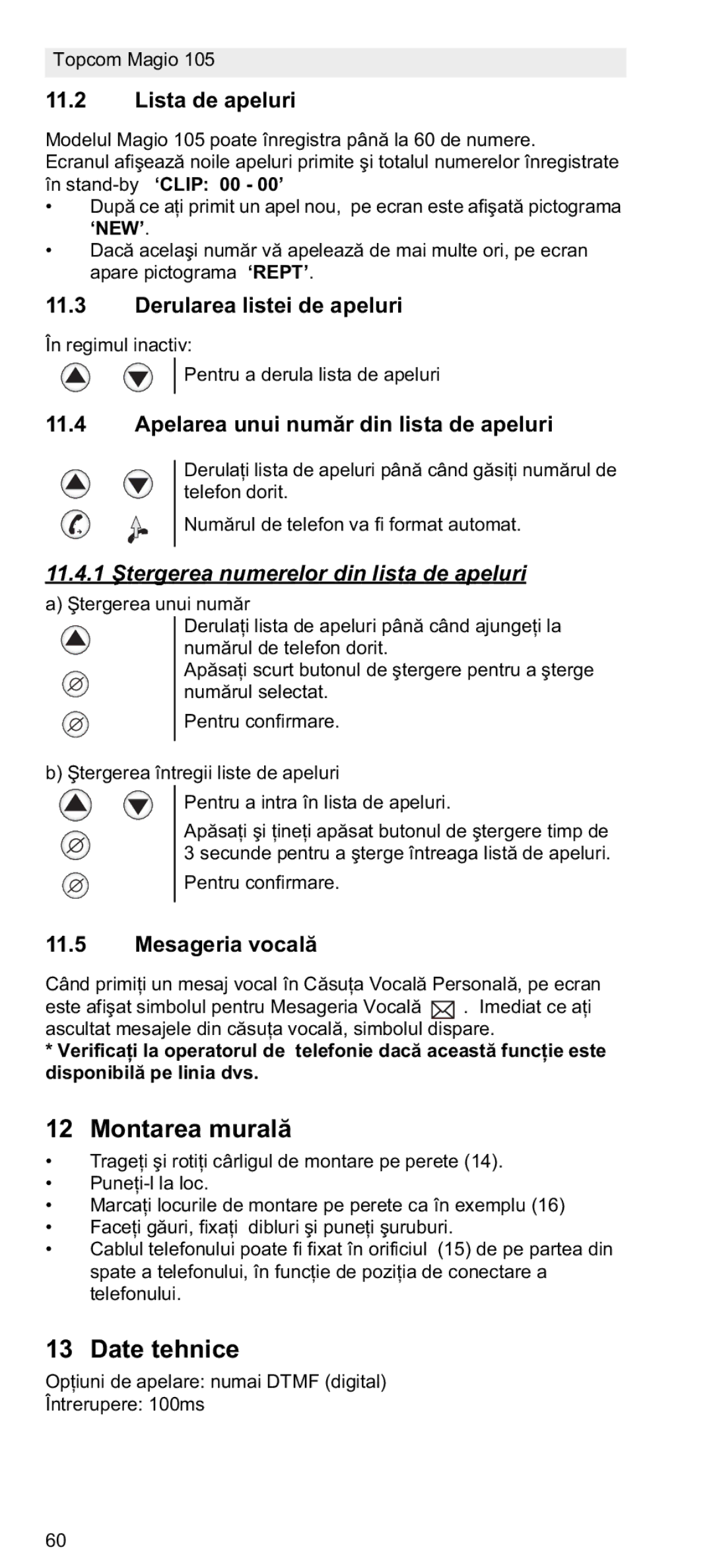 Topcom 105 manual do utilizador Montarea mural, Date tehnice, Tergerea numerelor din lista de apeluri 