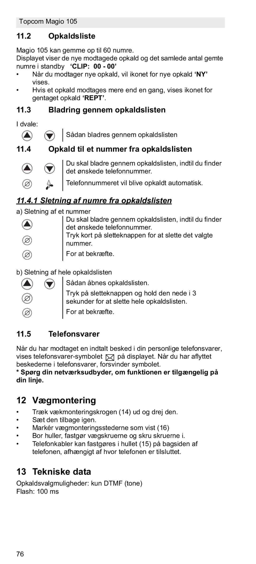 Topcom 105 manual do utilizador 12 Vægmontering, Tekniske data, Sletning af numre fra opkaldslisten 