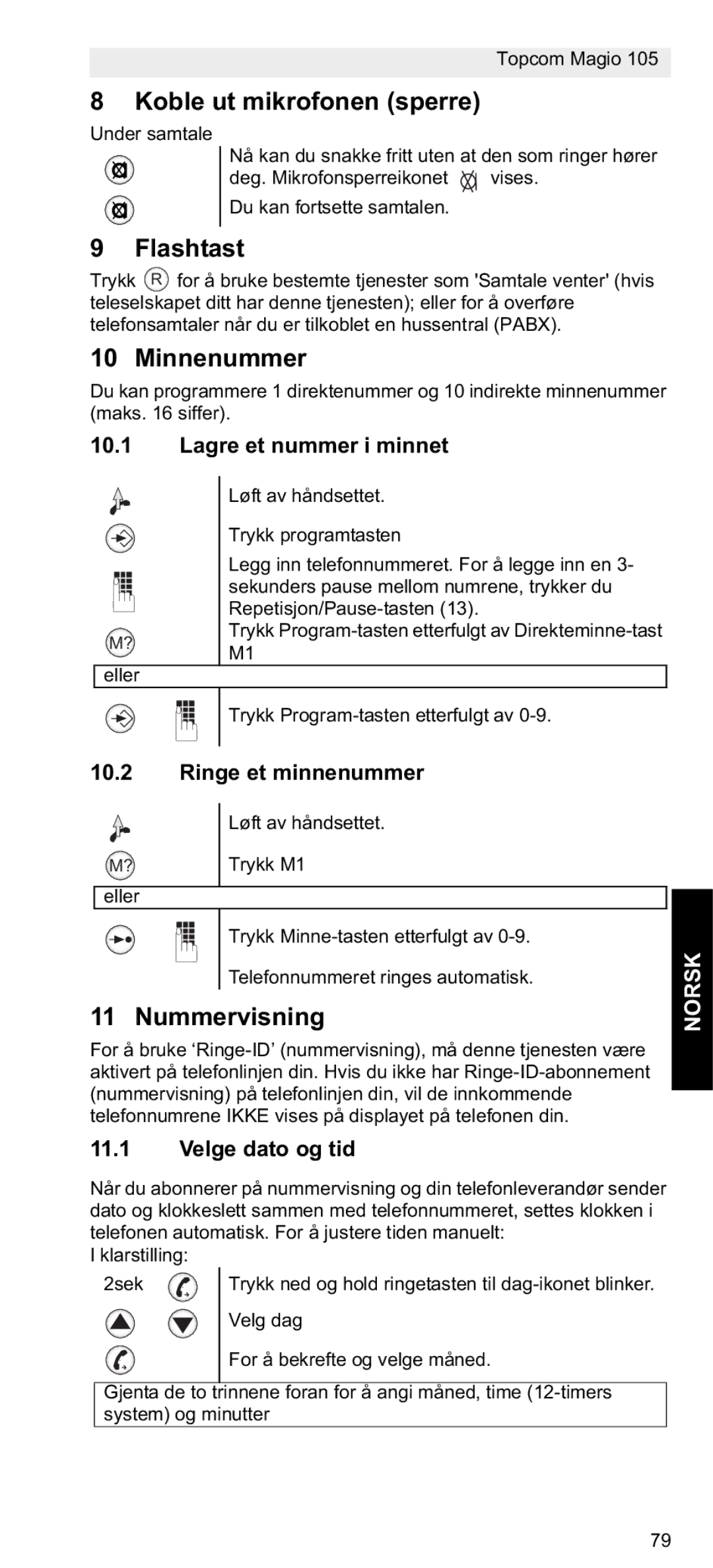 Topcom 105 manual do utilizador Koble ut mikrofonen sperre, Flashtast, Minnenummer, Norsk 