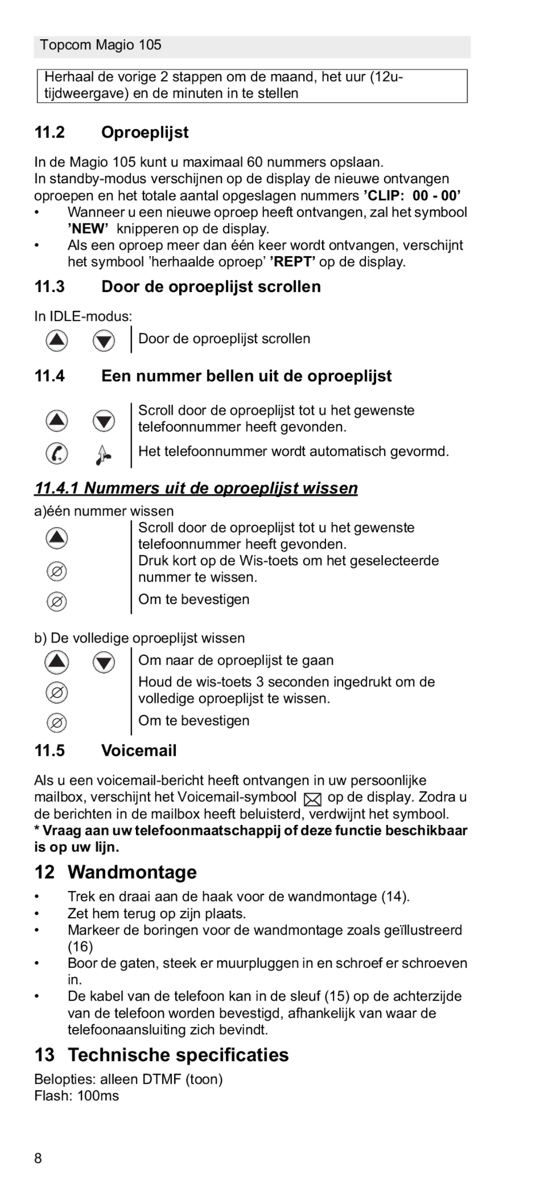 Topcom 105 manual do utilizador Wandmontage, Technische specificaties, Nummers uit de oproeplijst wissen 