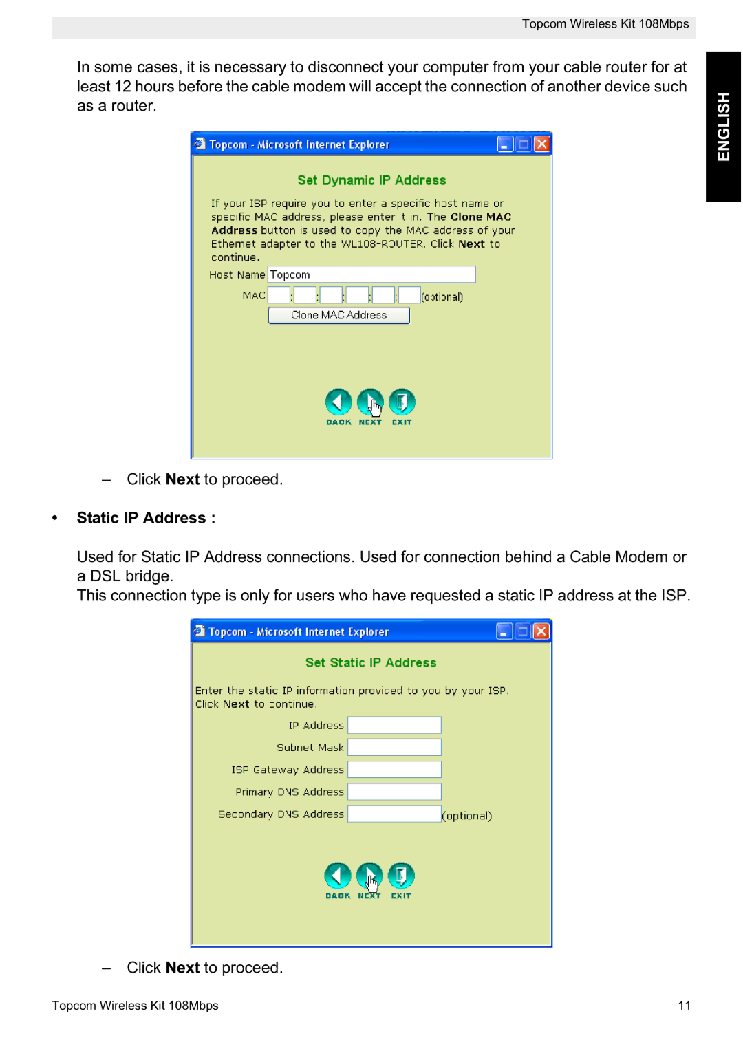 Topcom 108MBPS manual Static IP Address 