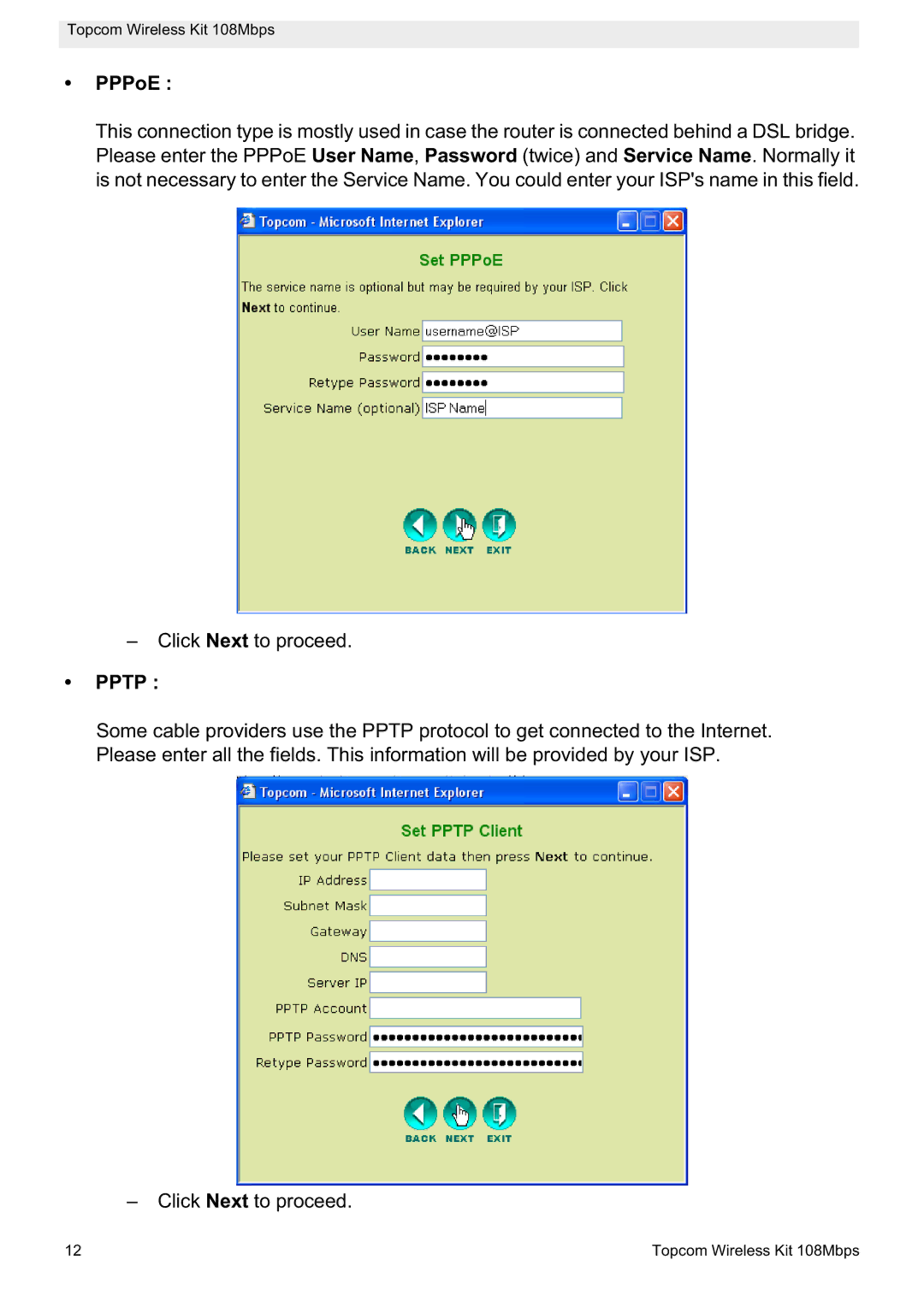 Topcom 108MBPS manual PPPoE, Pptp 