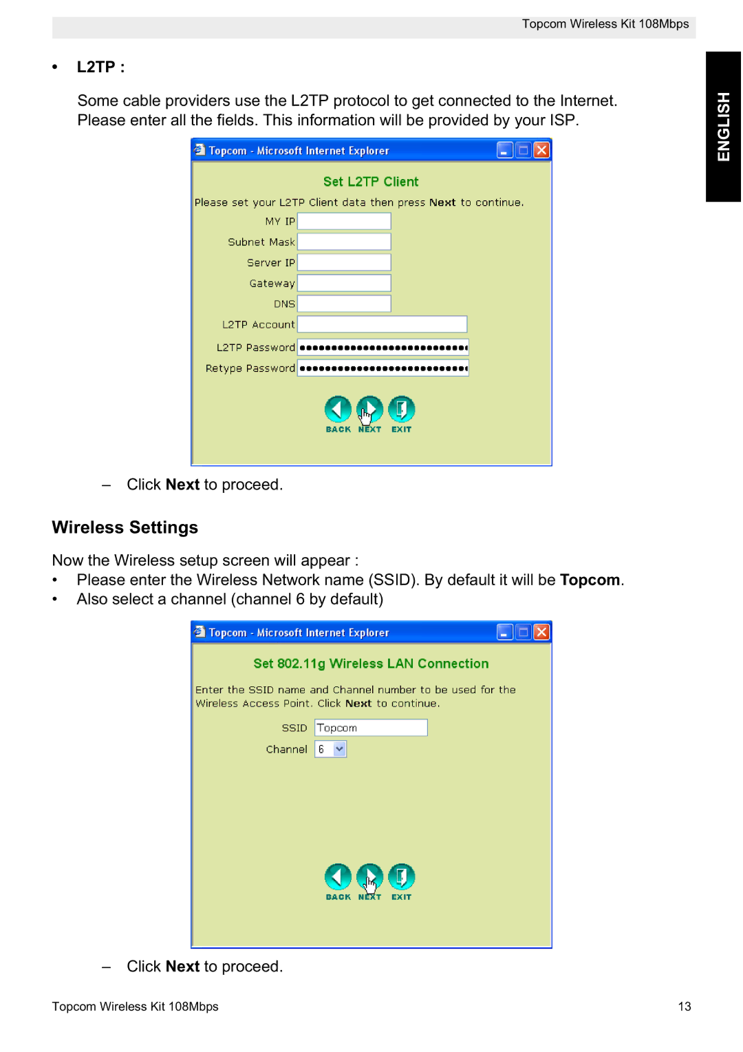 Topcom 108MBPS manual Wireless Settings, L2TP 