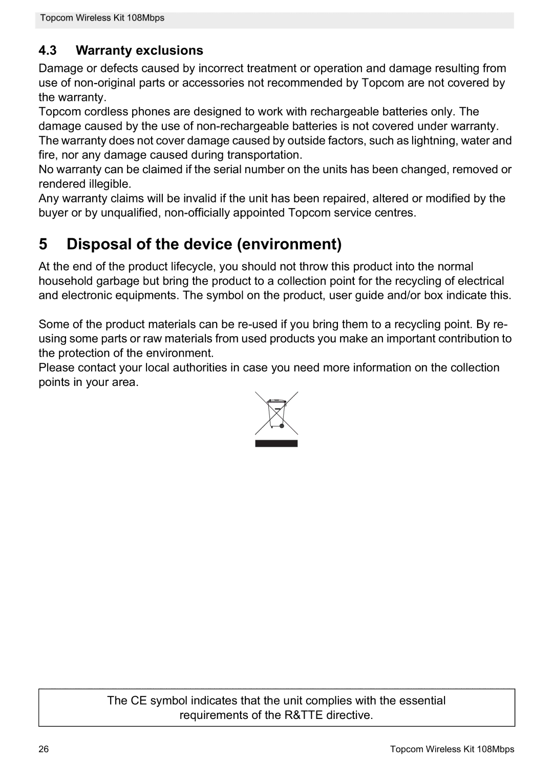 Topcom 108MBPS manual Disposal of the device environment, Warranty exclusions 