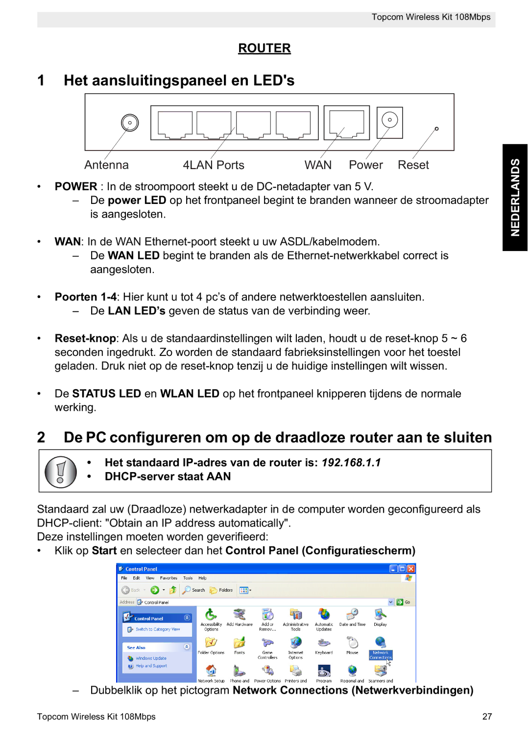 Topcom 108MBPS manual Het aansluitingspaneel en LEDs, De PC configureren om op de draadloze router aan te sluiten 