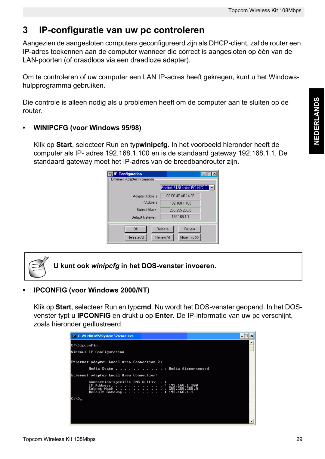 Topcom 108MBPS manual IP-configuratie van uw pc controleren, Winipcfg voor Windows 95/98 