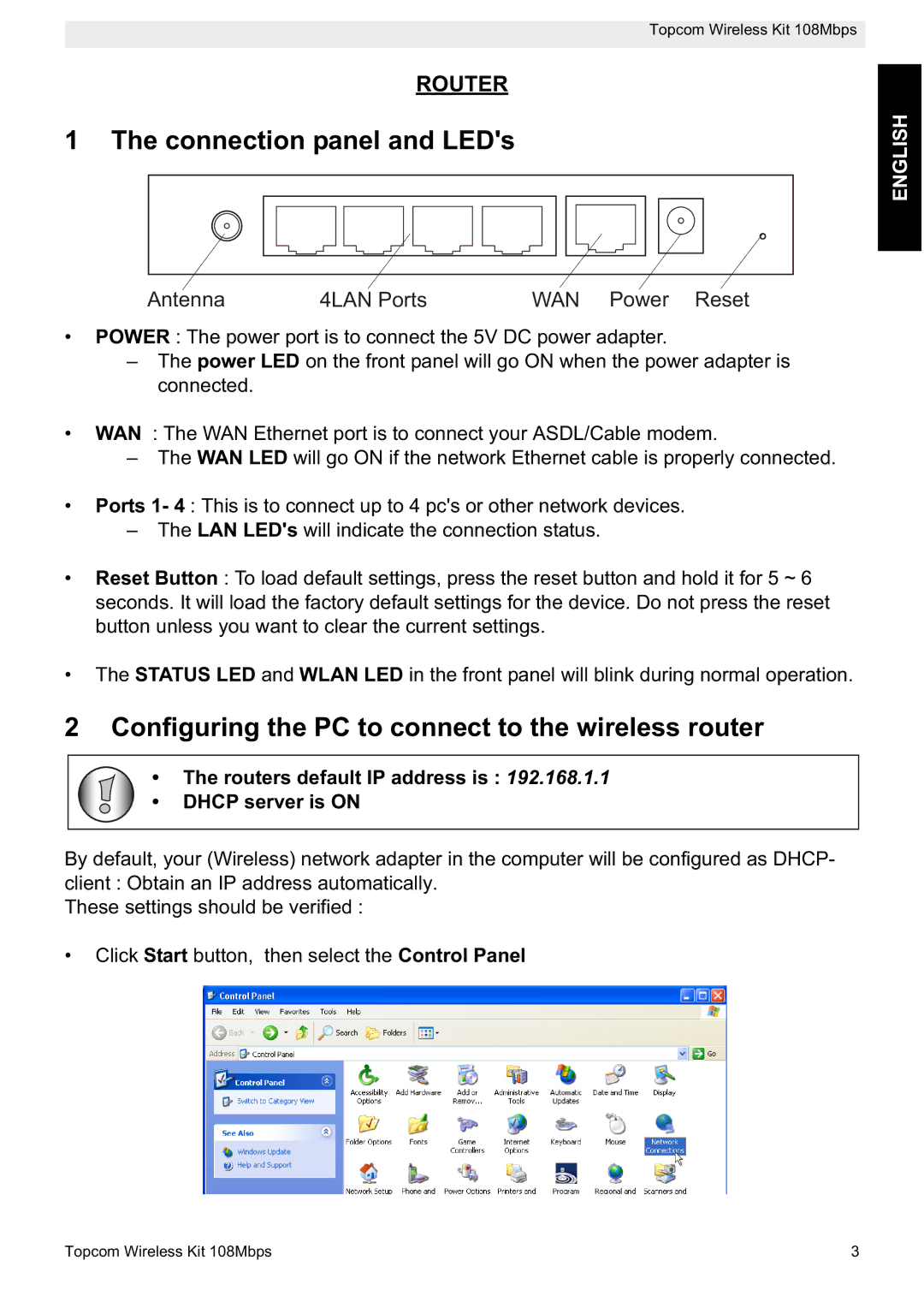 Topcom 108MBPS manual Connection panel and LEDs, Configuring the PC to connect to the wireless router 