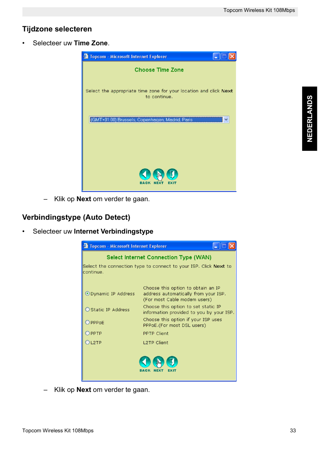 Topcom 108MBPS manual Tijdzone selecteren, Verbindingstype Auto Detect, Selecteer uw Internet Verbindingstype 