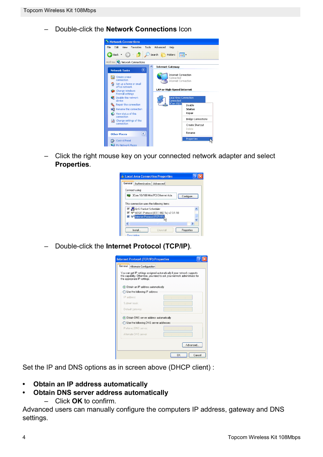 Topcom 108MBPS manual Double-click the Internet Protocol TCP/IP 