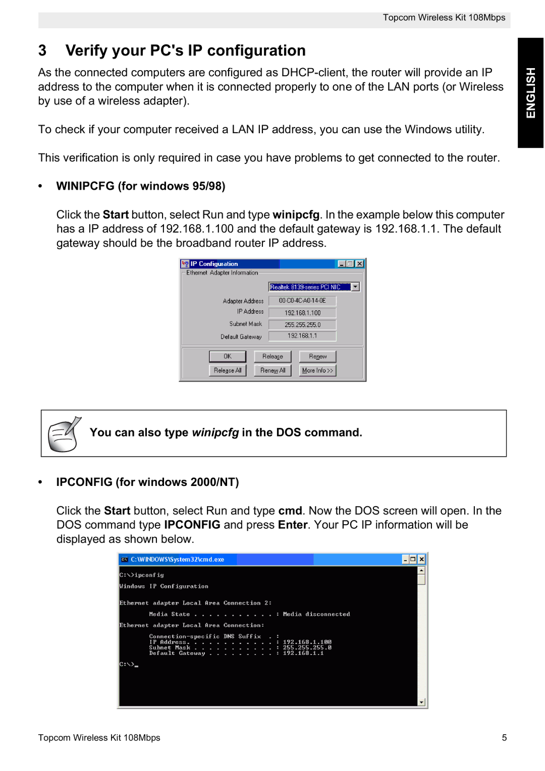 Topcom 108MBPS manual Verify your PCs IP configuration, Winipcfg for windows 95/98 