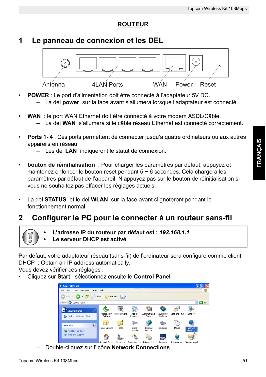 Topcom 108MBPS manual Le panneau de connexion et les DEL, Configurer le PC pour le connecter à un routeur sans-fil 