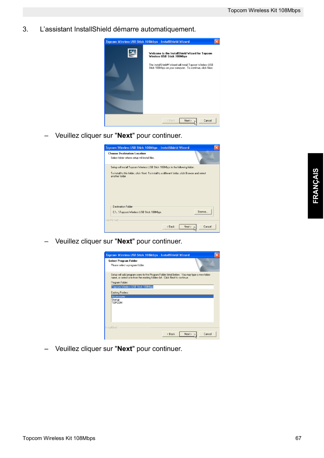 Topcom 108MBPS manual Veuillez cliquer sur Next pour continuer 