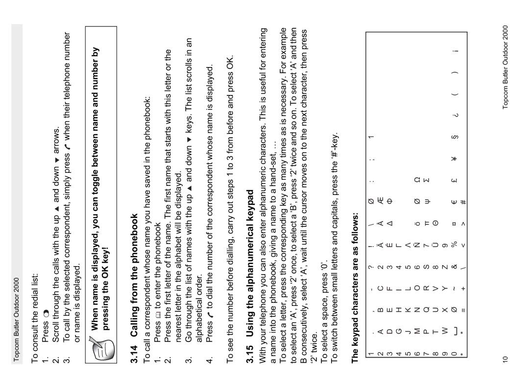 Topcom 1.1 manual Calling from the phonebook, Using the alphanumerical keypad 