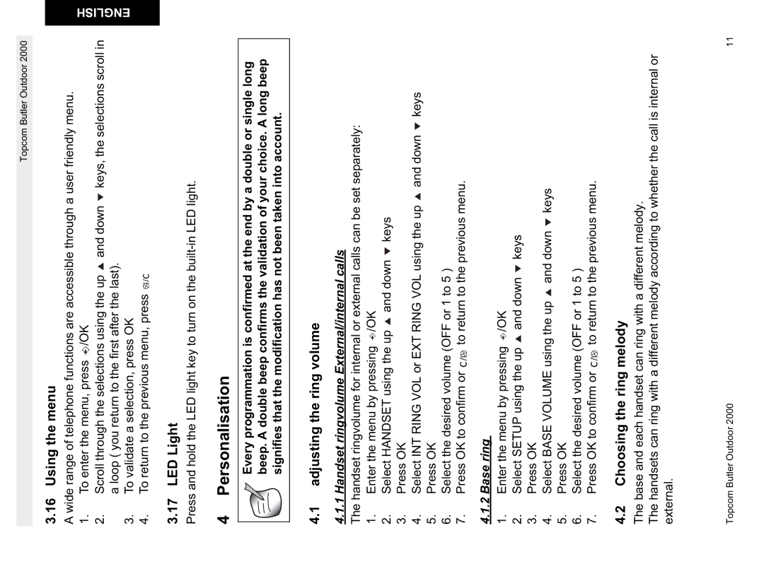 Topcom 1.1 manual Personalisation, Using the menu, LED Light, Adjusting the ring volume, Choosing the ring melody 