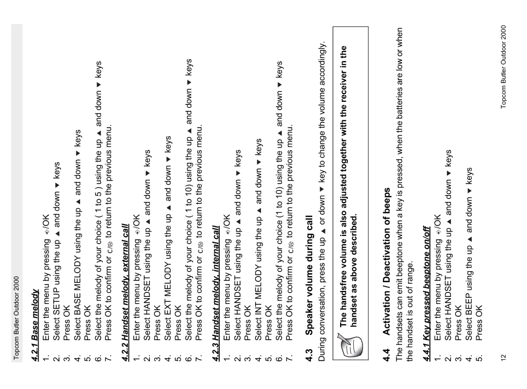 Topcom 1.1 manual Speaker volume during call, Activation / Deactivation of beeps 