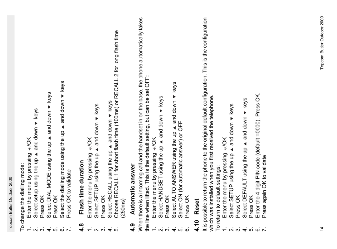 Topcom 1.1 manual Flash time duration, Automatic answer, Reset 