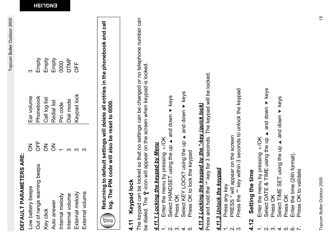Topcom 1.1 manual Keypad lock, Setting the time, Locking the keypad by Menu, Locking the keypad by the *-key quick lock 