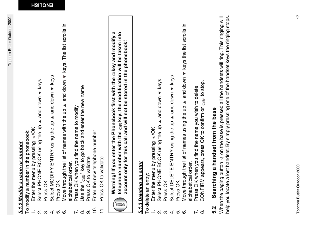 Topcom 1.1 manual Searching a handset from the base, Modify a name or number, Deleting an entry To delete an entry 