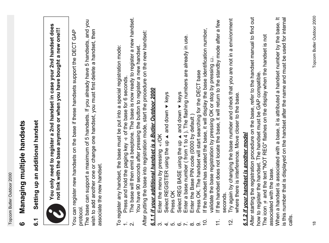 Topcom 1.1 Managing multiple handsets, Setting up an additional handset, If your additional handset is a Butler Outdoor 