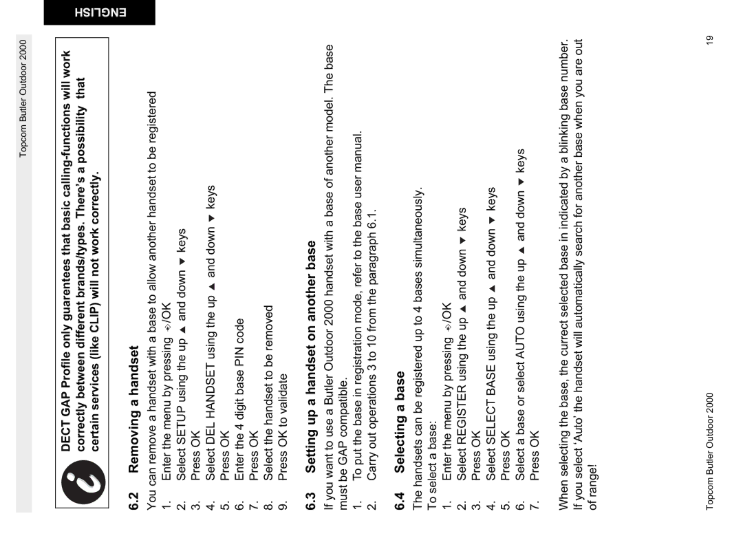 Topcom 1.1 manual Removing a handset, Setting up a handset on another base, Selecting a base 