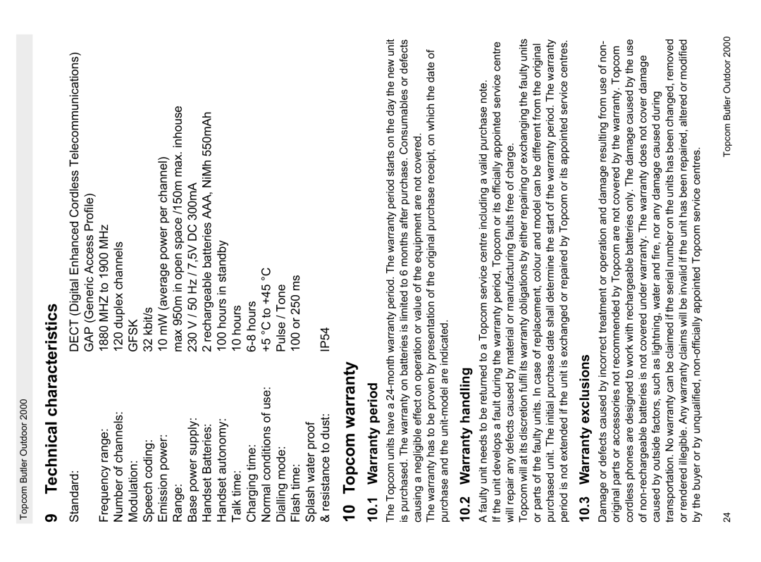 Topcom 1.1 manual Technical characteristics, Topcom warranty, Warranty period, Warranty handling, Warranty exclusions 