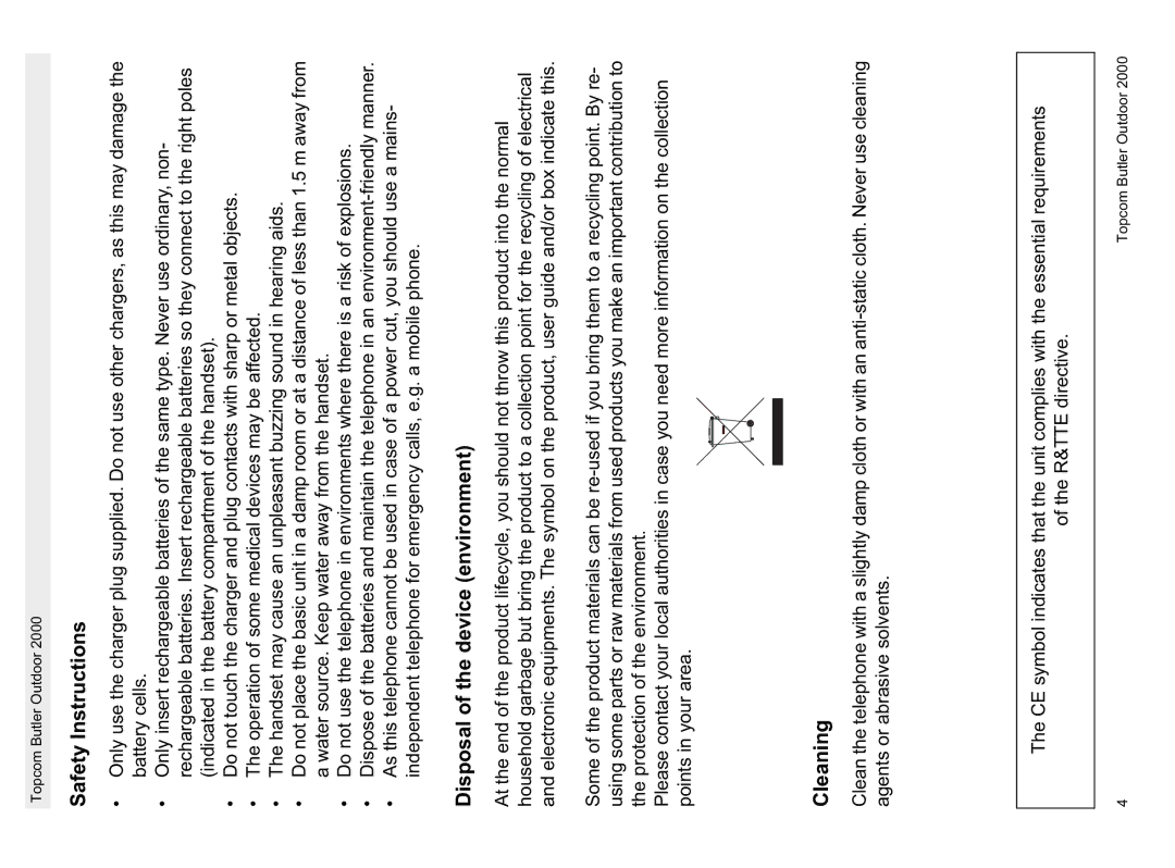 Topcom 1.1 manual Safety Instructions, Disposal of the device environment, Cleaning 