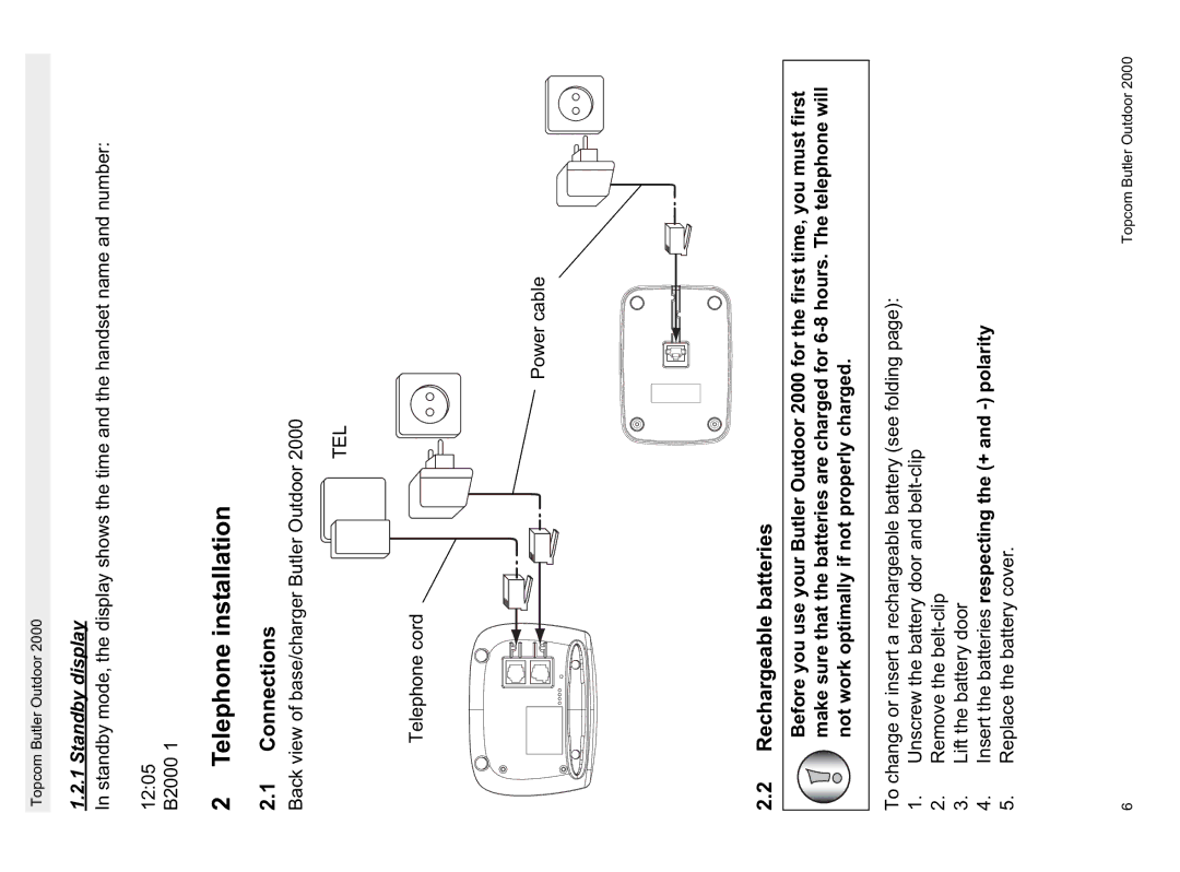 Topcom 1.1 manual Telephone installation, Connections, Rechargeable batteries, Standby display 