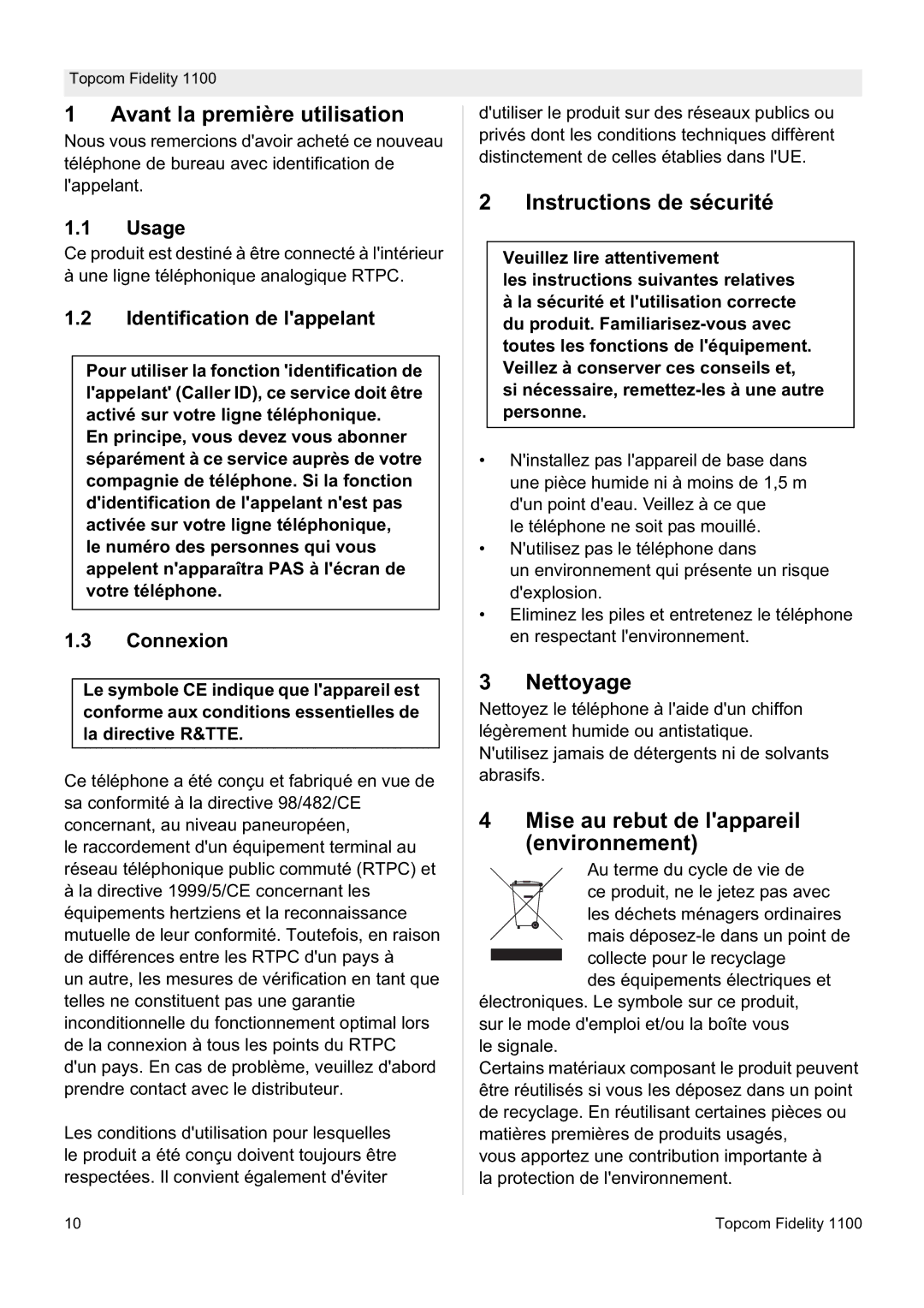 Topcom 1100 manual Avant la première utilisation, Instructions de sécurité, Nettoyage 