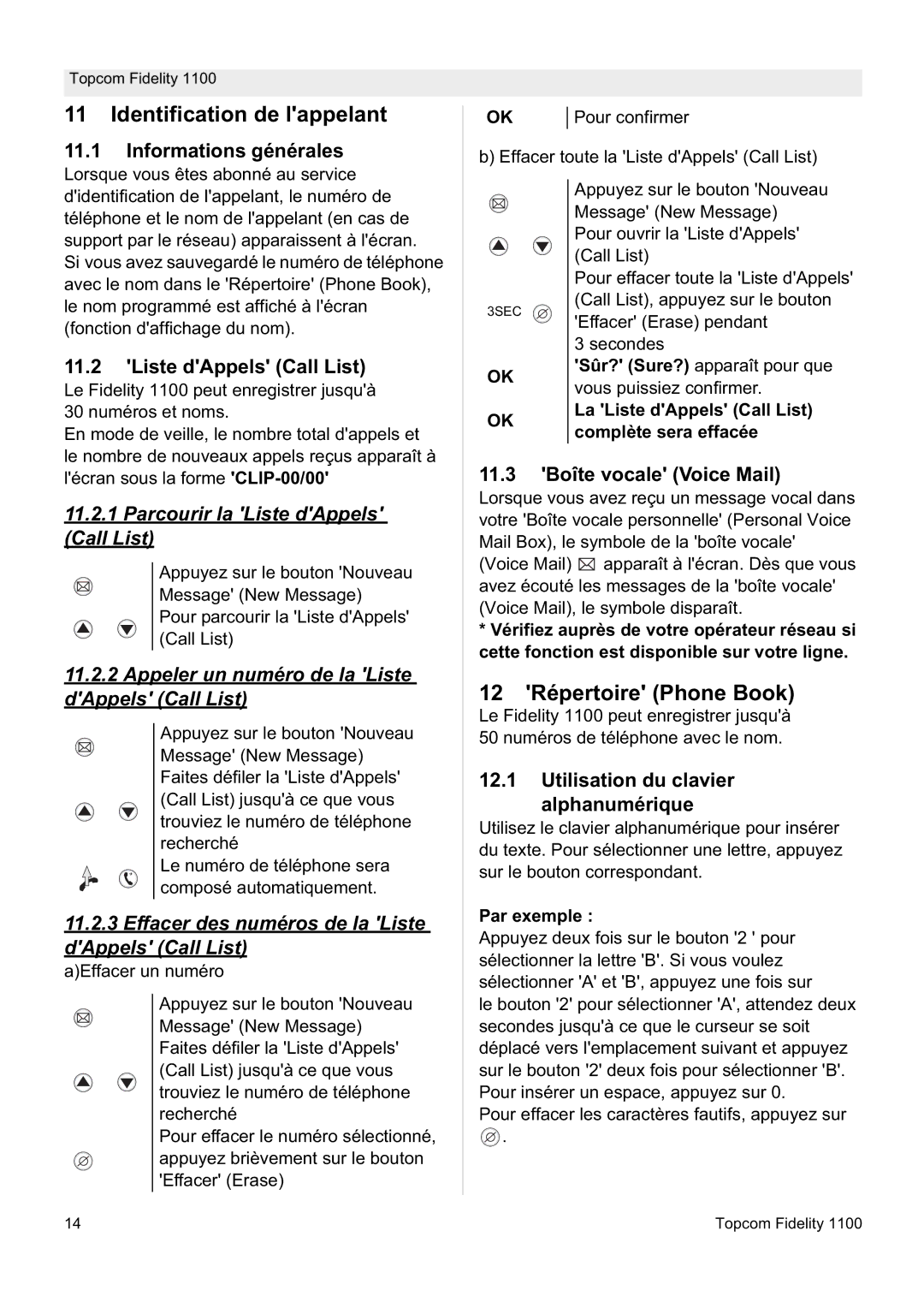 Topcom 1100 manual Identification de lappelant, 12 Répertoire Phone Book 