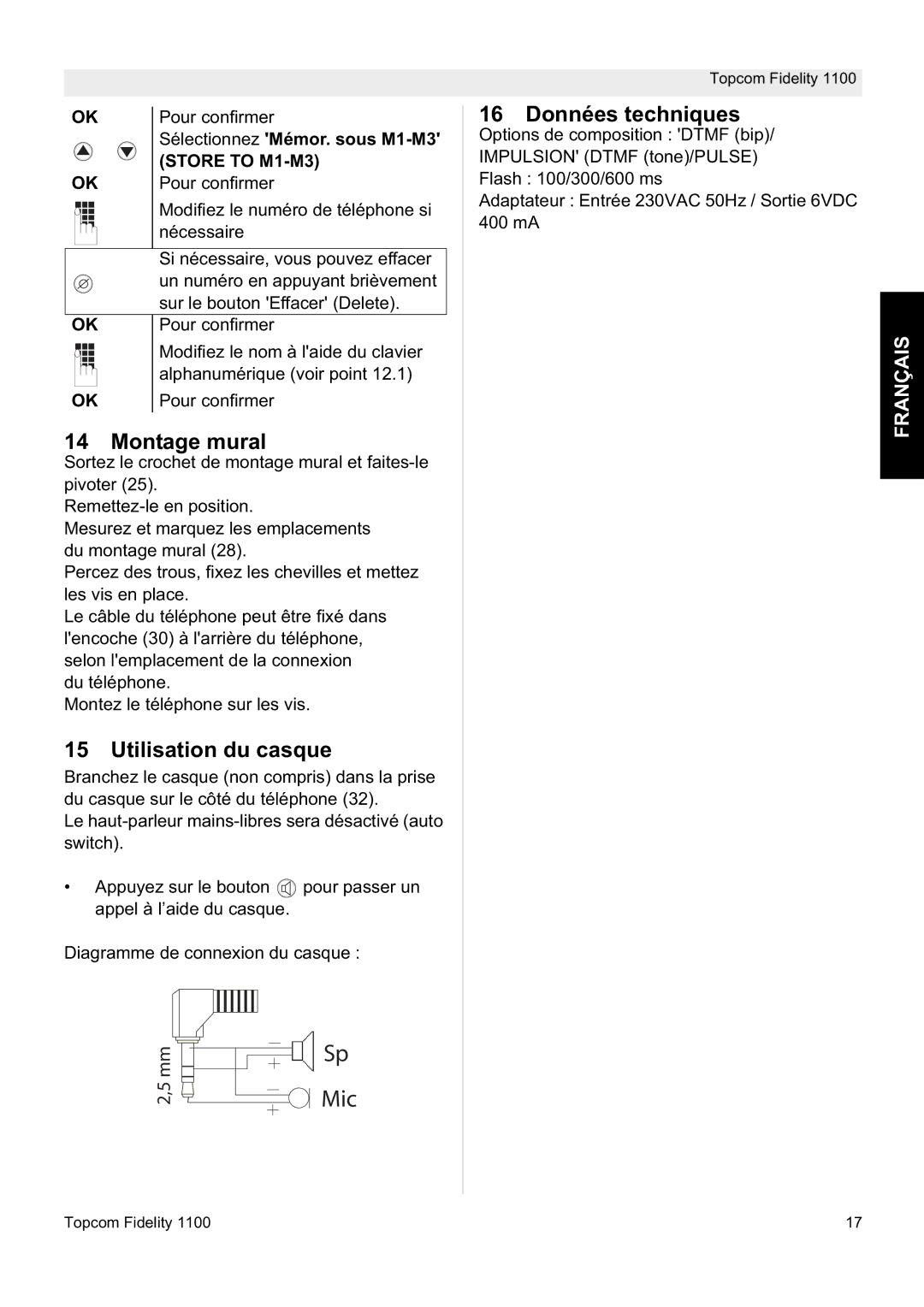 Topcom 1100 manual Montage mural, Utilisation du casque, Données techniques, Sélectionnez Mémor. sous M1-M3 Store to M1-M3 