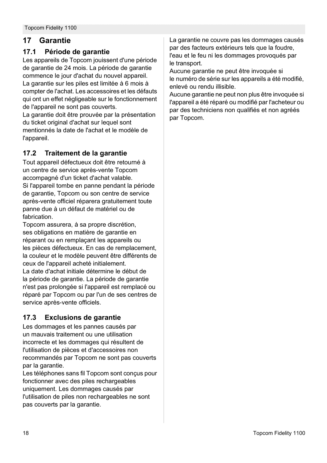 Topcom 1100 manual 17.1 Période de garantie, Traitement de la garantie, Exclusions de garantie 