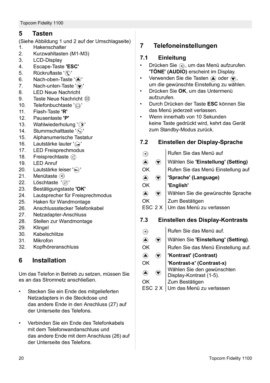 Topcom 1100 Tasten, Telefoneinstellungen, Einleitung, Einstellen der Display-Sprache, Einstellen des Display-Kontrasts 