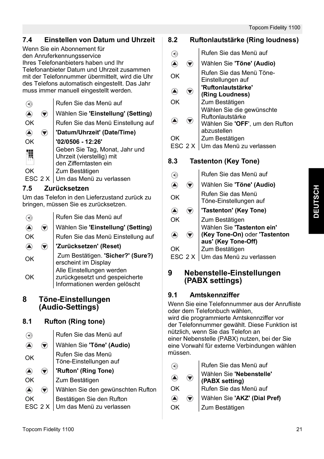 Topcom 1100 manual Nebenstelle-Einstellungen Pabx settings 