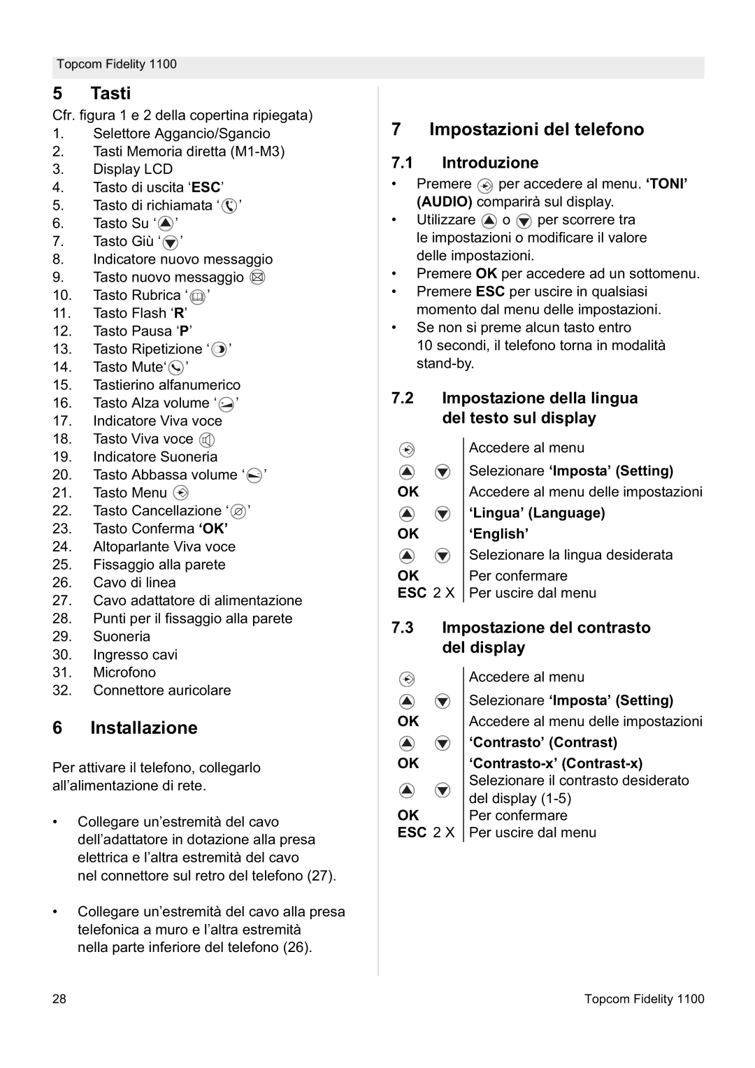Topcom 1100 manual Tasti, Installazione, Impostazioni del telefono 