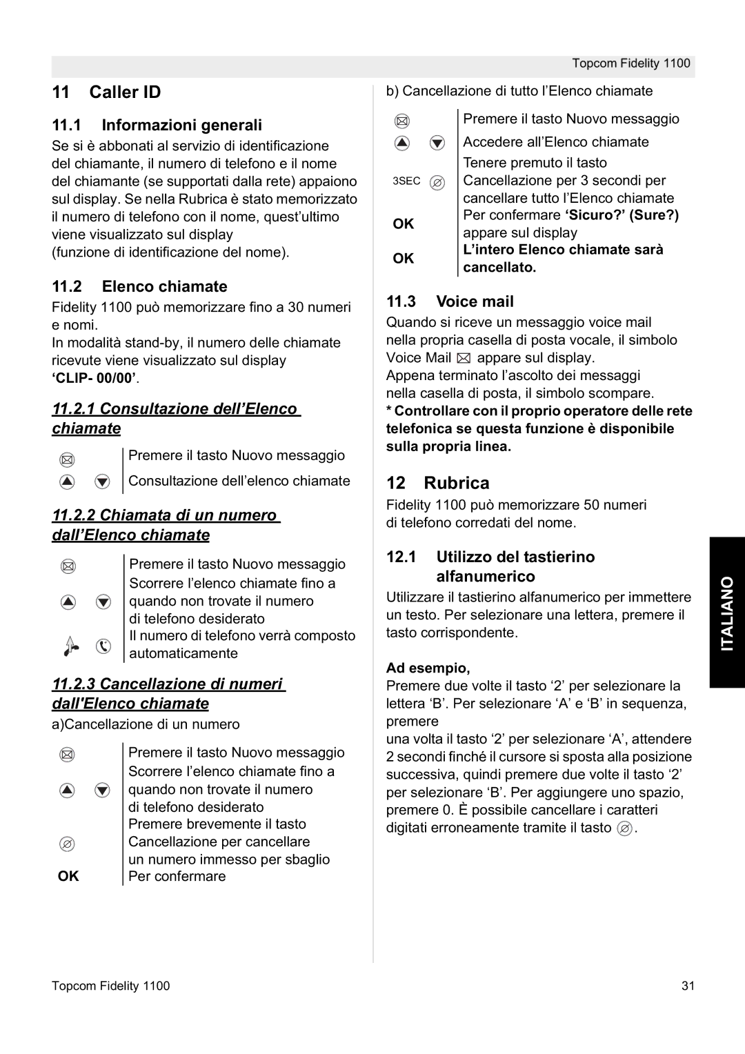 Topcom 1100 manual Caller ID, Rubrica 