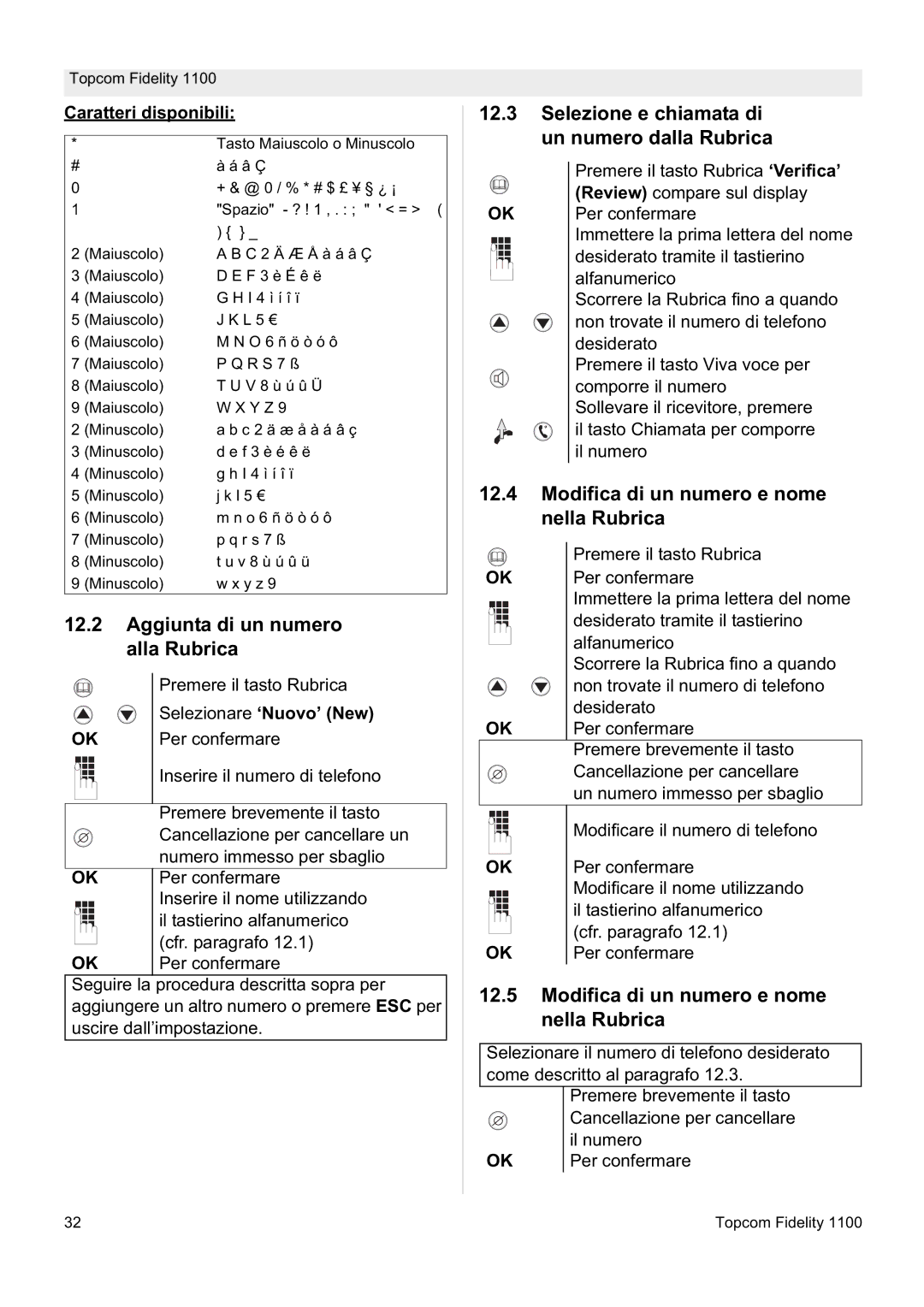 Topcom 1100 Aggiunta di un numero alla Rubrica, Selezione e chiamata di un numero dalla Rubrica, Caratteri disponibili 