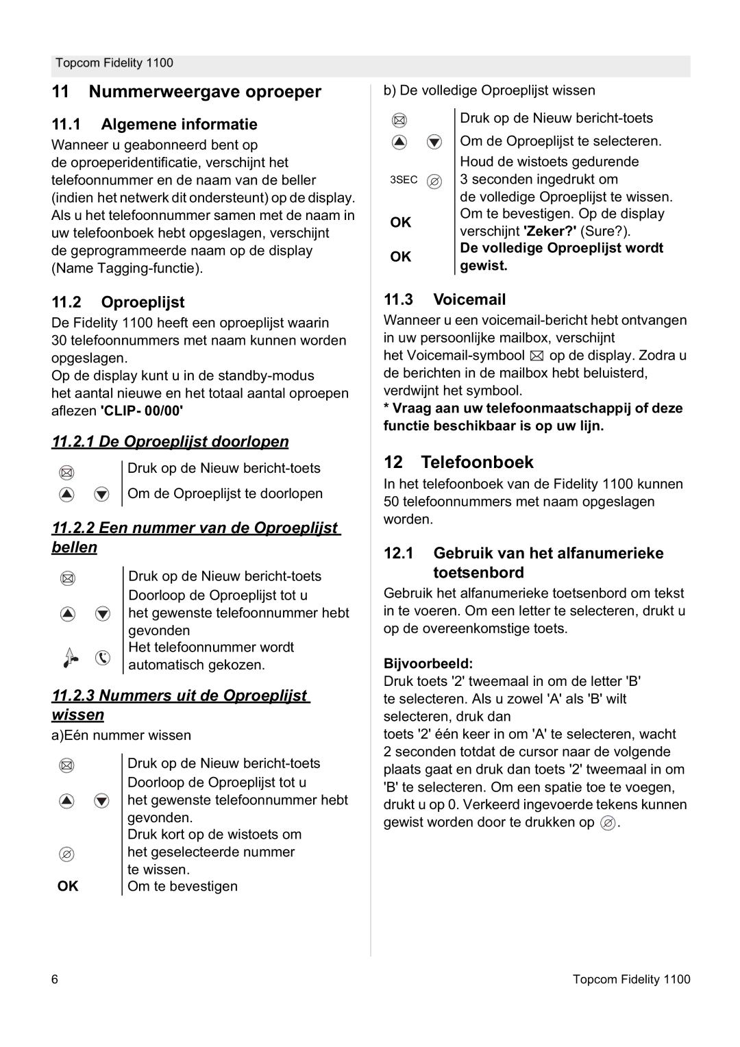 Topcom 1100 manual Nummerweergave oproeper, Telefoonboek 