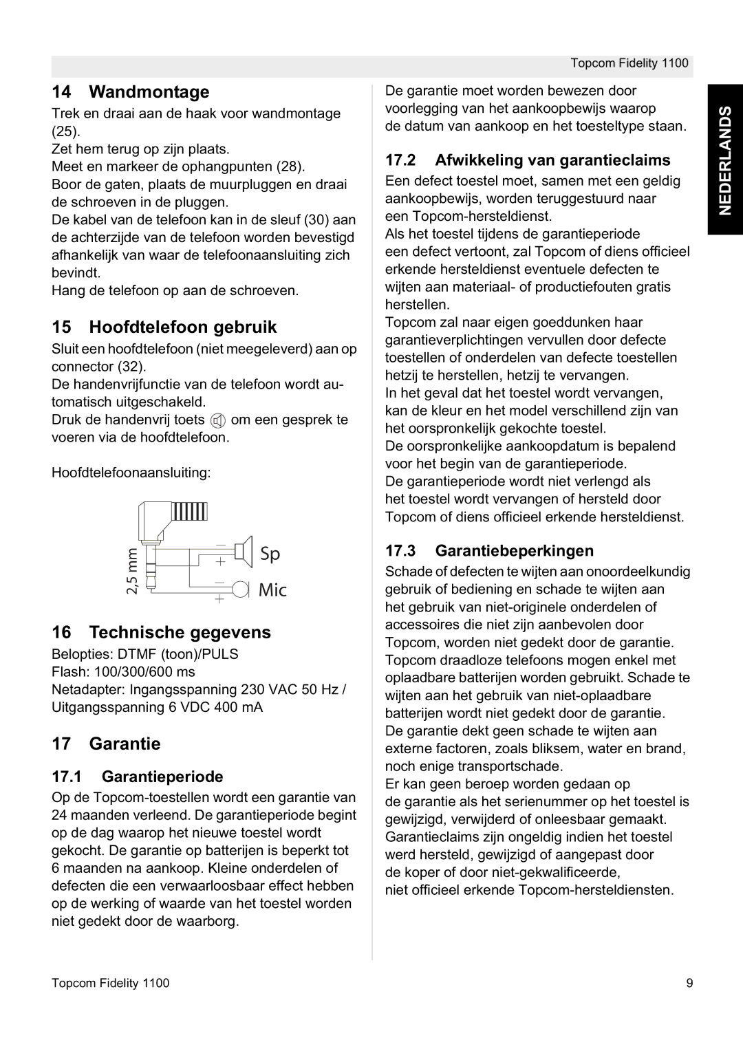 Topcom 1100 manual Wandmontage, Hoofdtelefoon gebruik, Technische gegevens, Garantie 