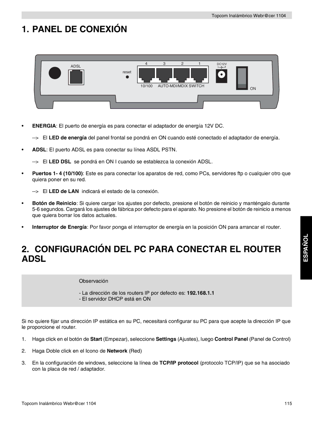 Topcom 1104 manual do utilizador Panel DE Conexión, Configuración DEL PC Para Conectar EL Router Adsl 