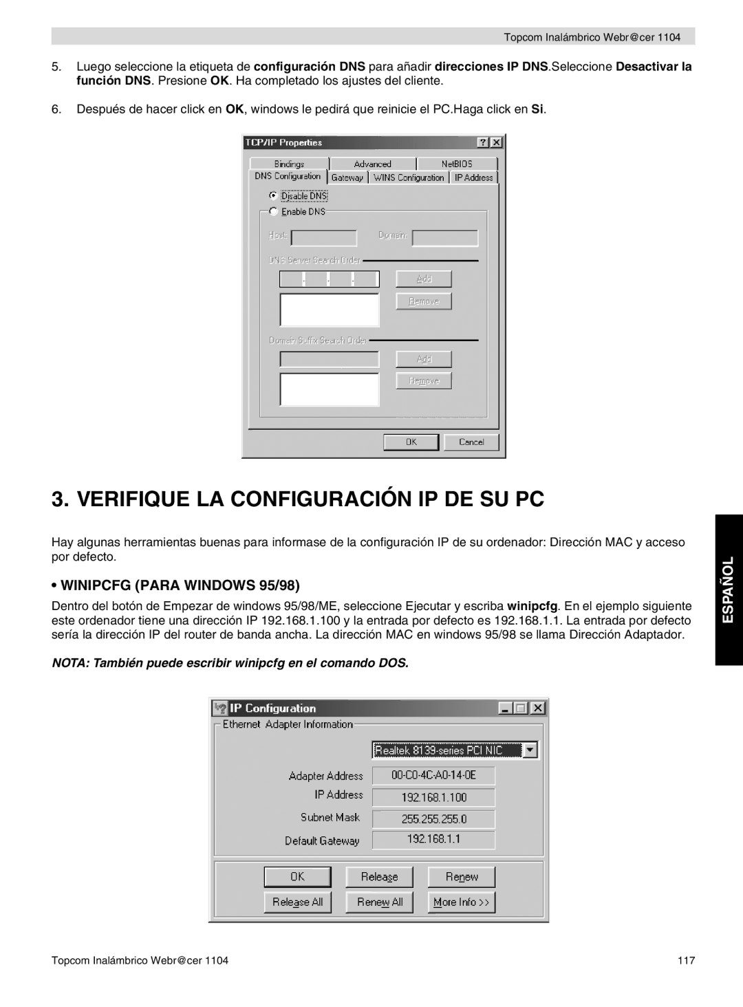 Topcom 1104 manual do utilizador Verifique LA Configuración IP DE SU PC, Winipcfg Para Windows 95/98 