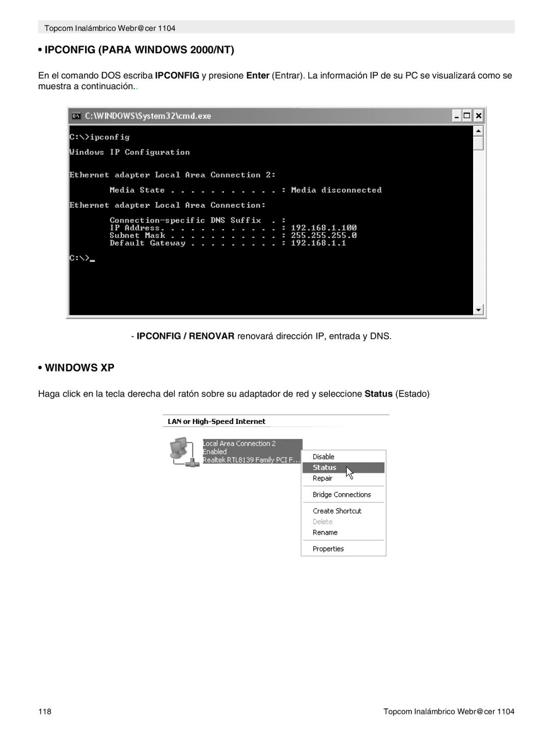 Topcom 1104 manual do utilizador Ipconfig Para Windows 2000/NT, Windows XP 