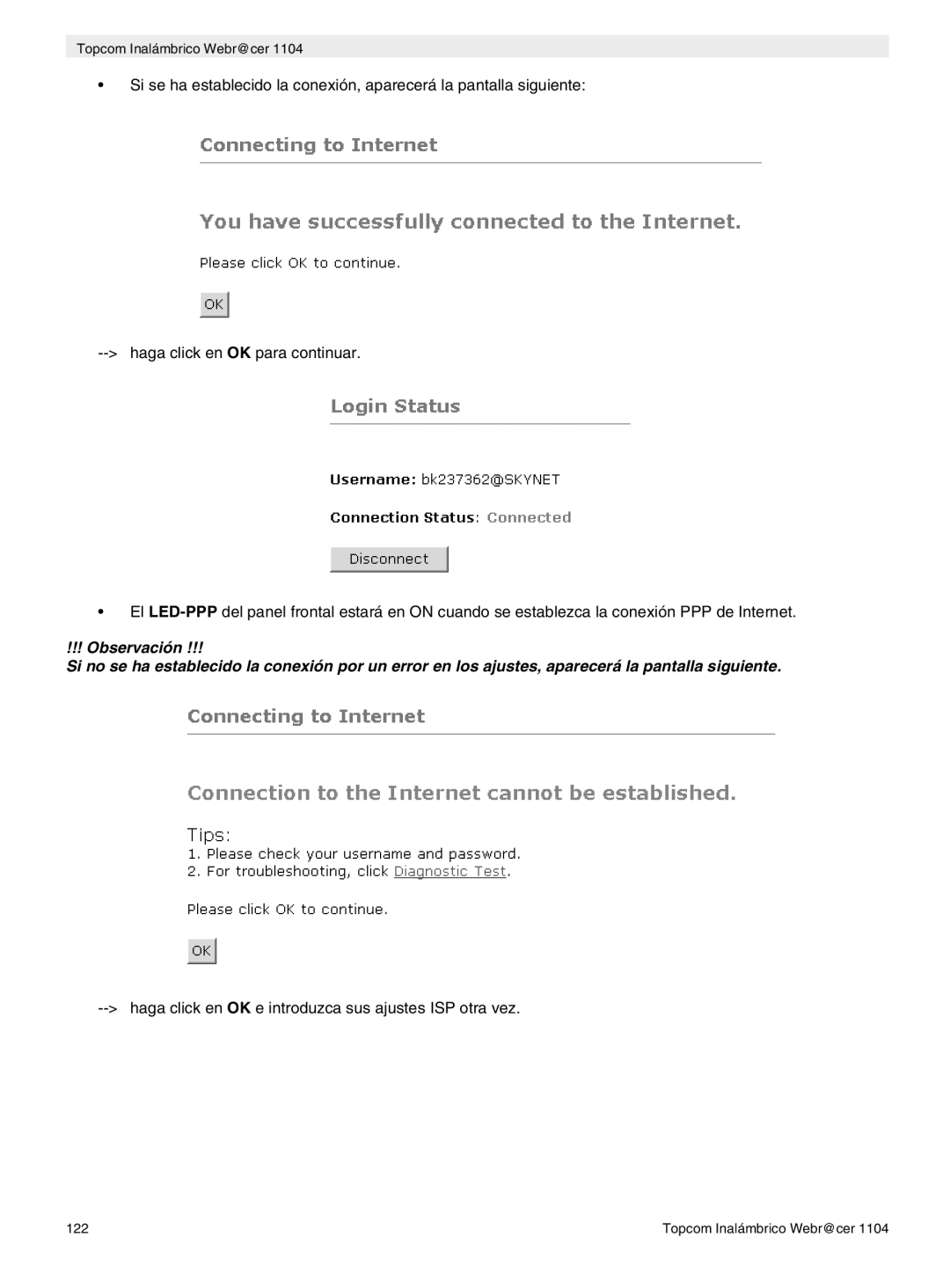 Topcom 1104 manual do utilizador Haga click en OK e introduzca sus ajustes ISP otra vez 