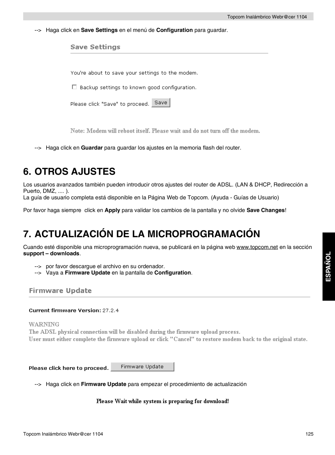 Topcom 1104 manual do utilizador Otros Ajustes, Actualización DE LA Microprogramación 