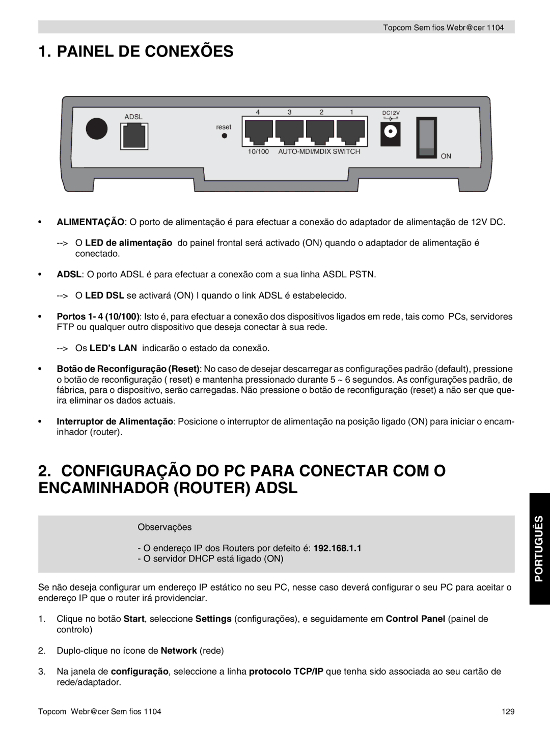 Topcom 1104 manual do utilizador Painel DE Conexões, Português 