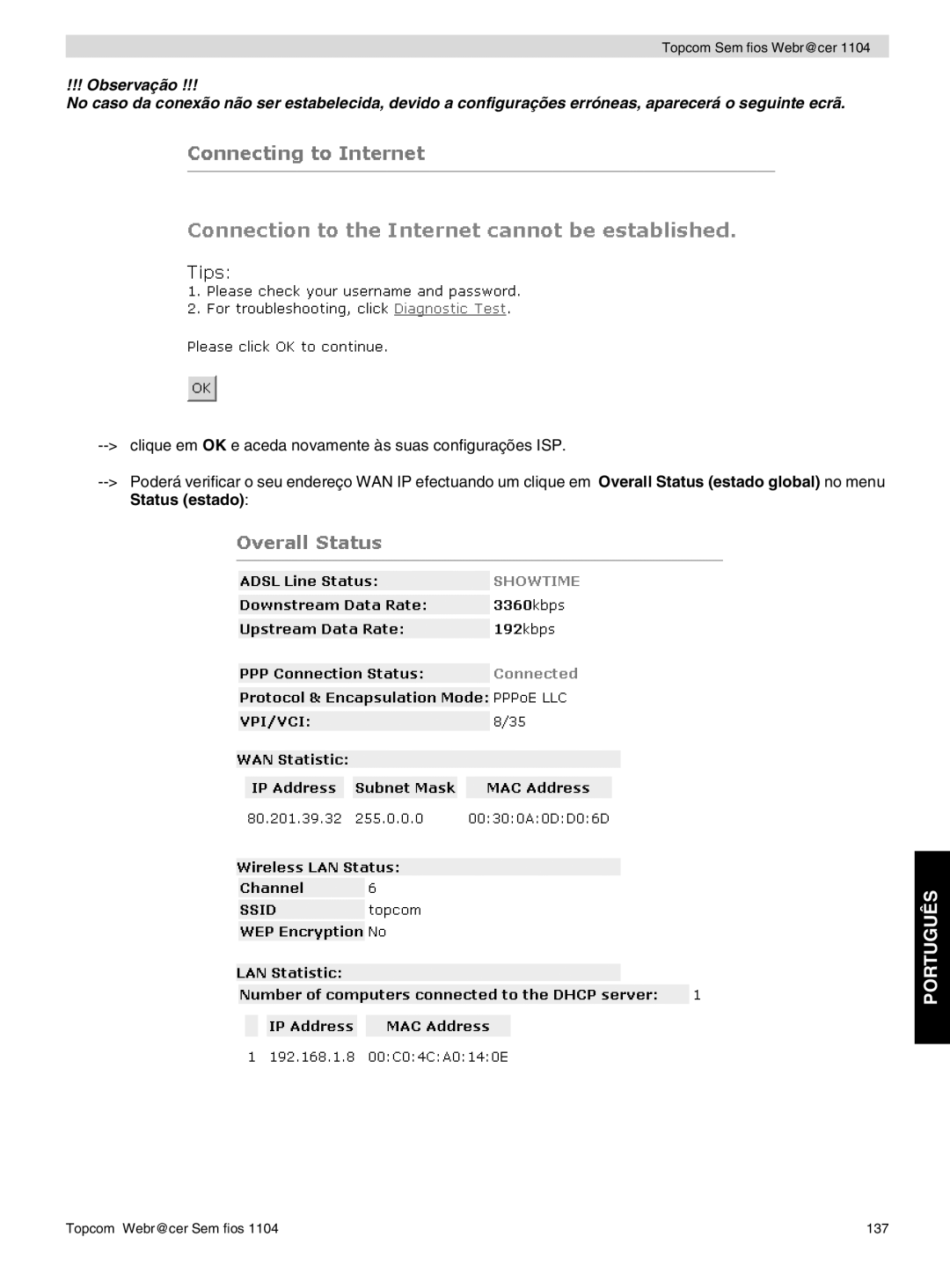 Topcom 1104 manual do utilizador Topcom Webr@cer Sem fios 137 