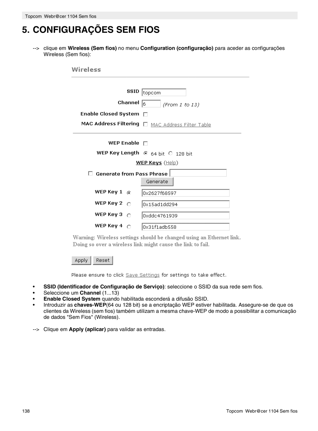 Topcom 1104 manual do utilizador Configurações SEM Fios 