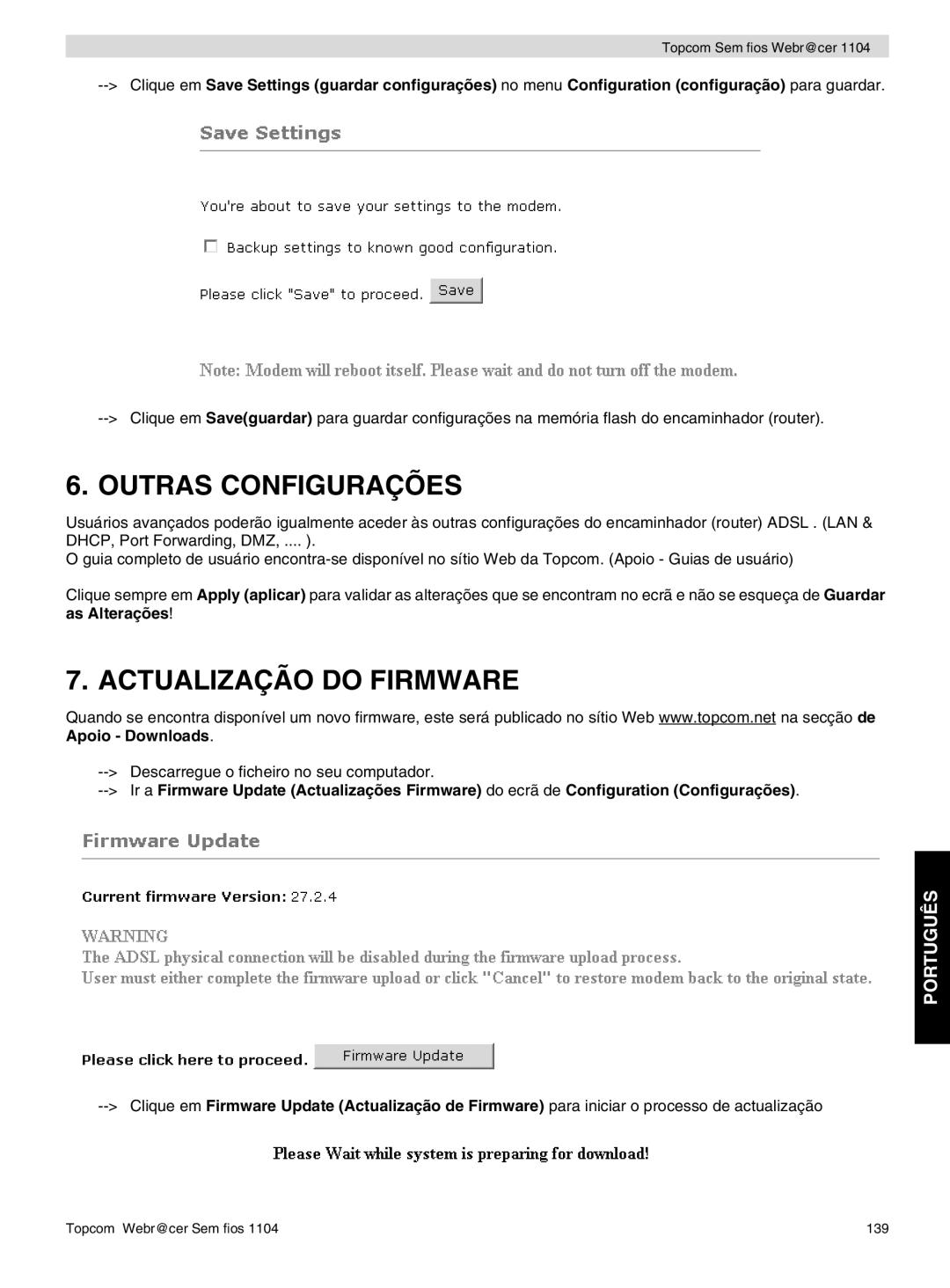 Topcom 1104 manual do utilizador Outras Configurações, Actualização do Firmware 